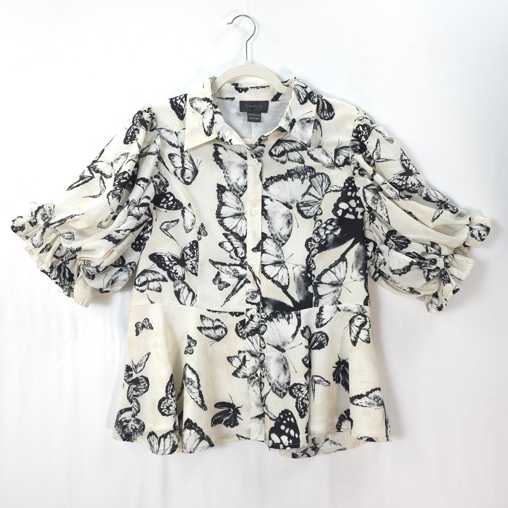 Gracia Butterfly Print‎ Blouse Puff Sleeve Peplum Fairycore L Chic Cottagecore